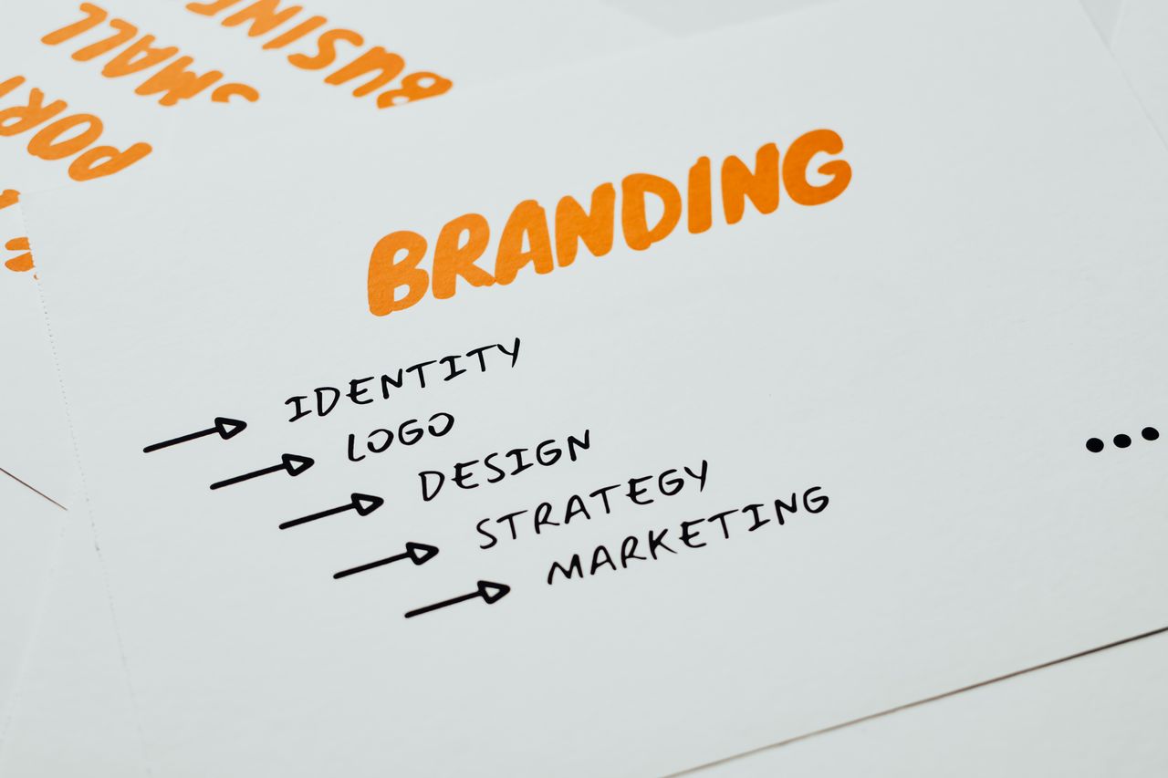 Close-up of a sheet featuring branding, identity, design, strategy, and marketing ideas in orange and black.